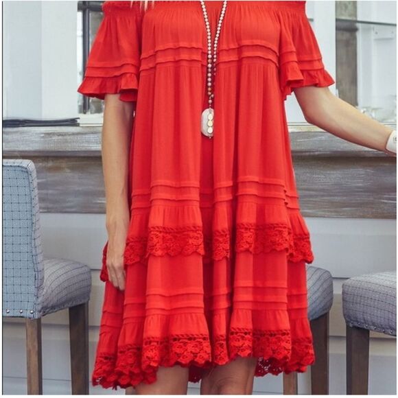 Muche & Muchette Women’s Red Ruffle twirl swing Dress One Size - Picture 11 of 16